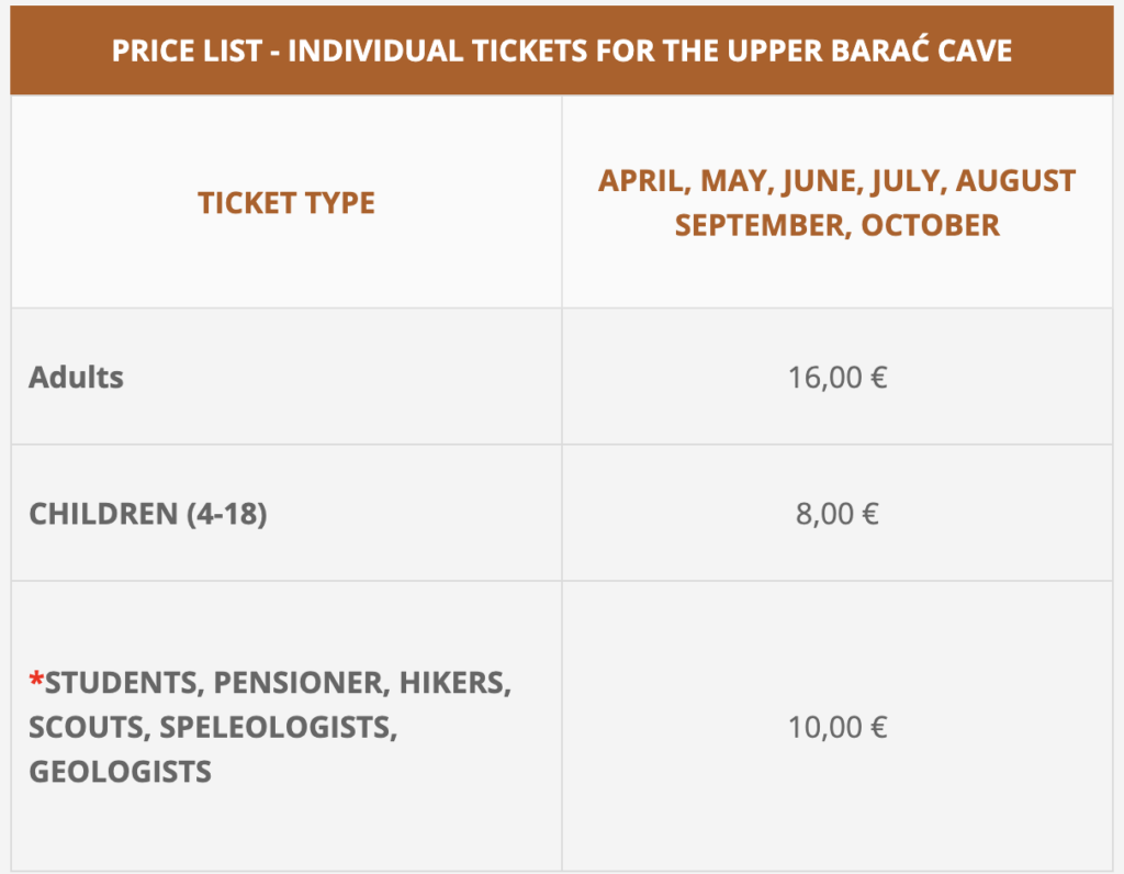 Price list of the Barać Caves